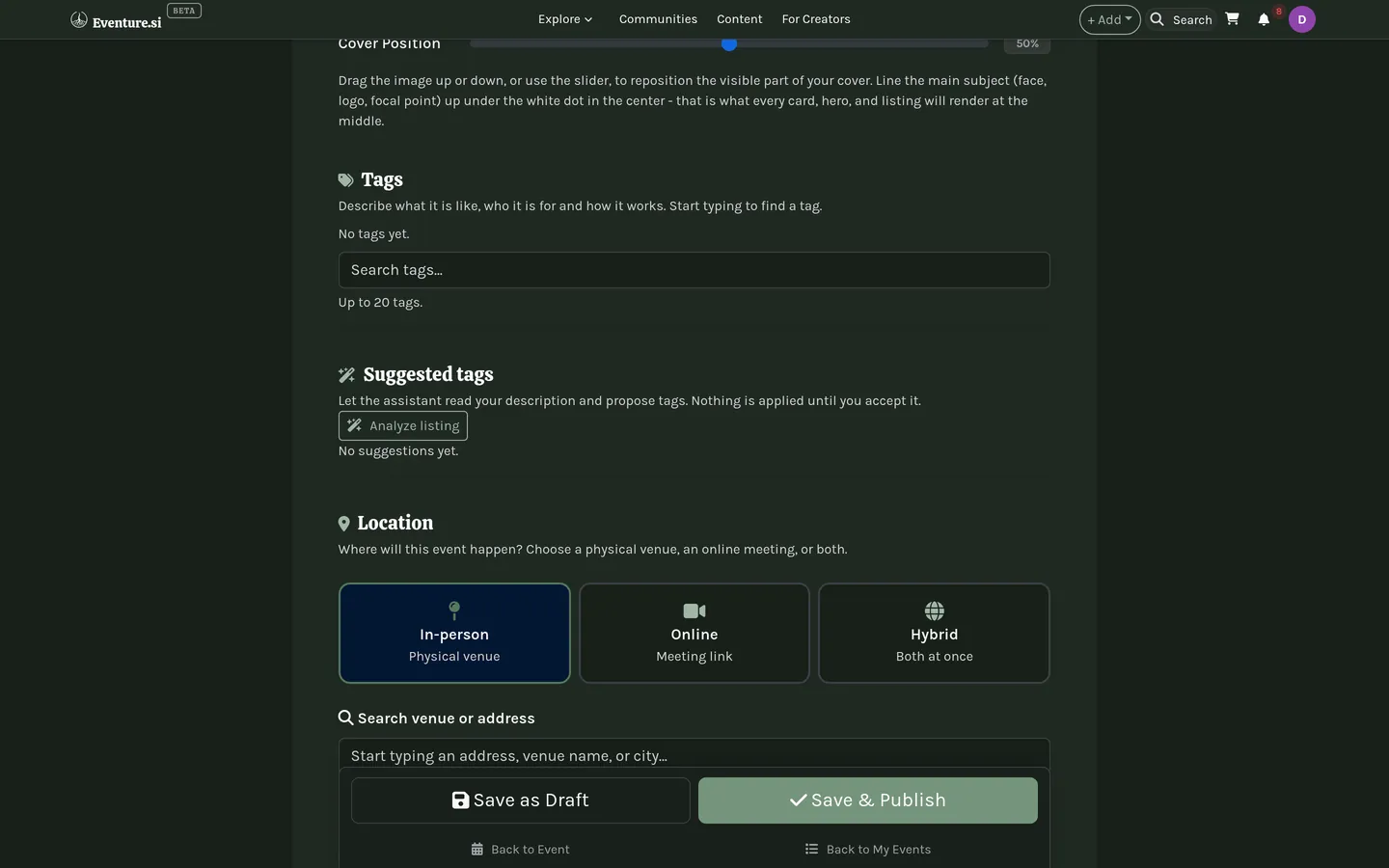 The Category and Tags cards on a listing form, with Suggested tags open.