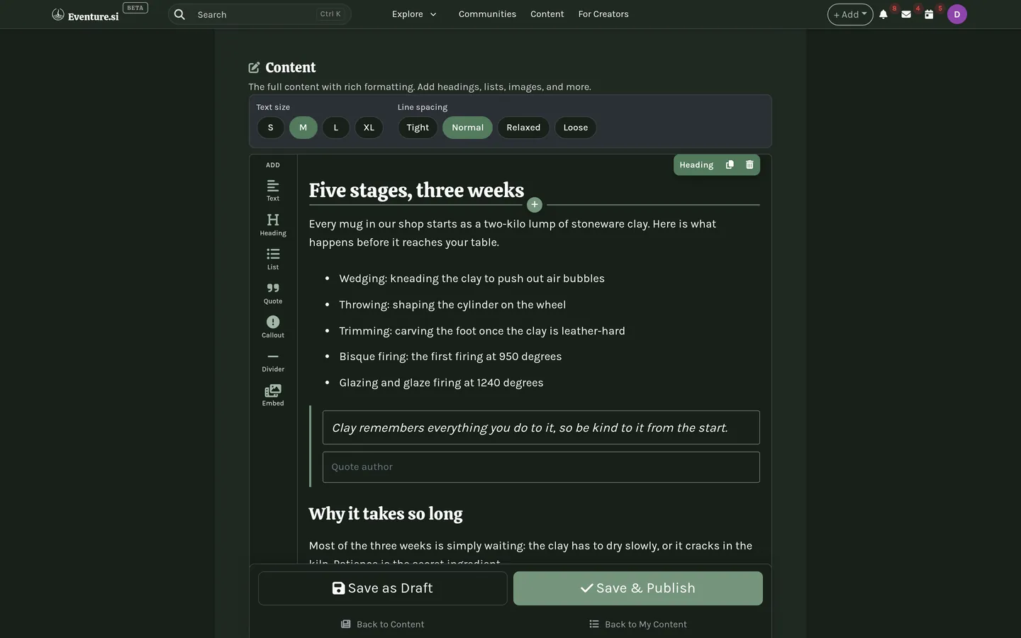 My Content: the block editor building a post.