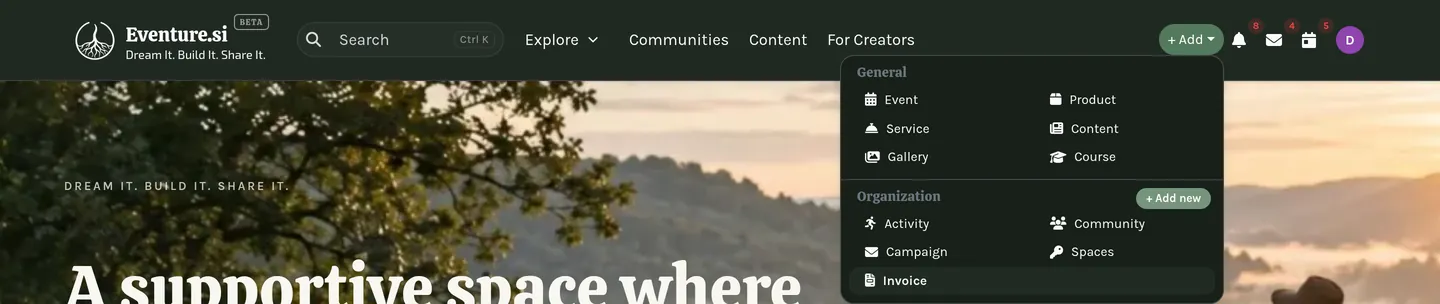 The + Add menu open, showing what you can create right now.