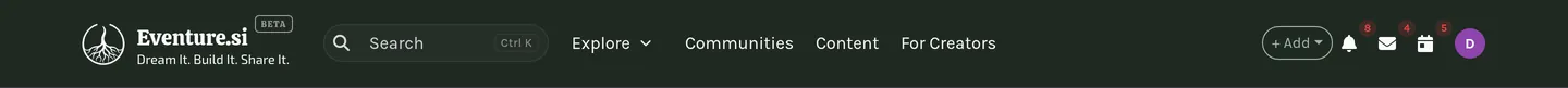 The top bar: main navigation on the left, + Add, search, notifications, messages and your avatar on the right.