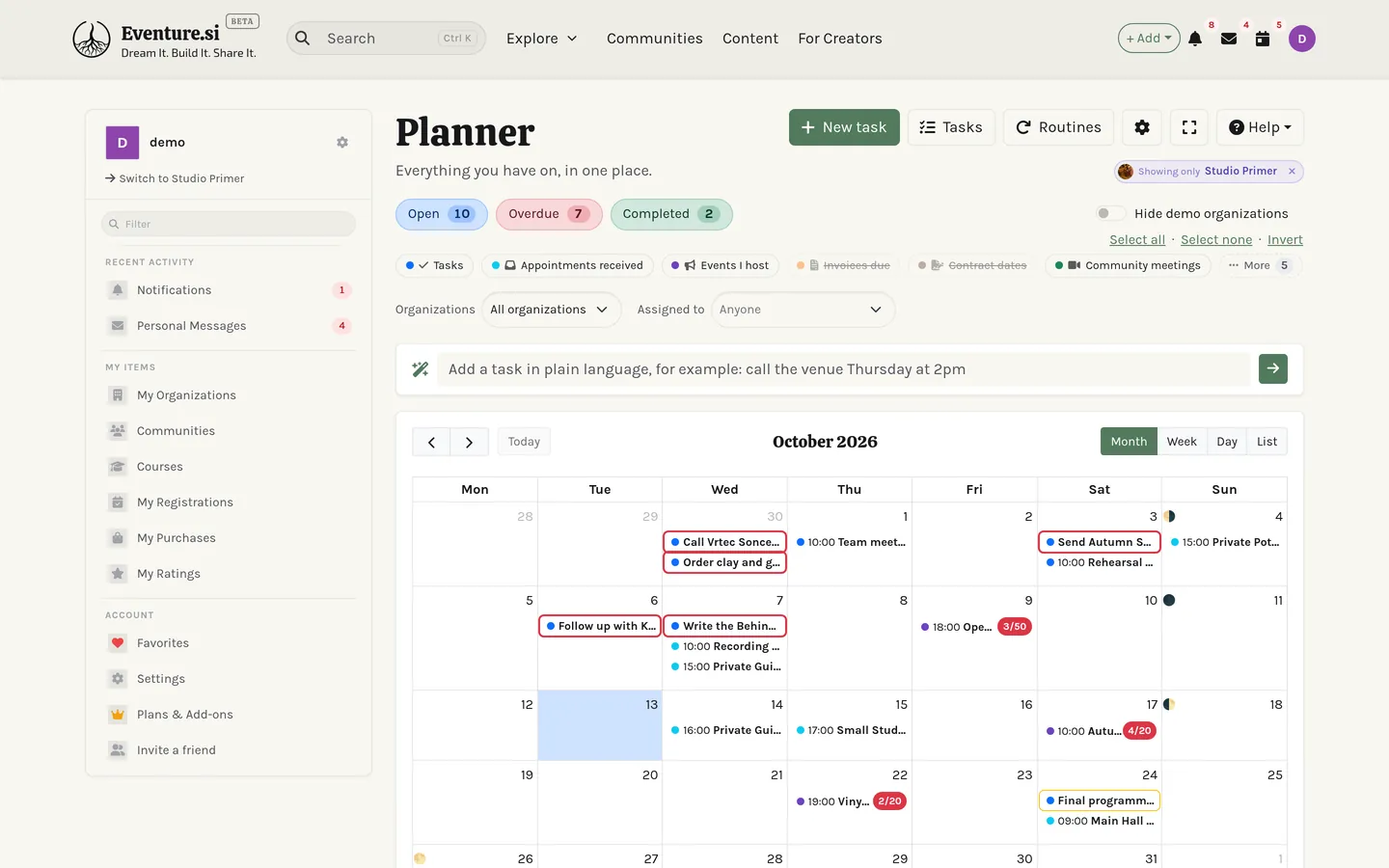 The Planner: the calendar with its source chips and the Quick Add box open.