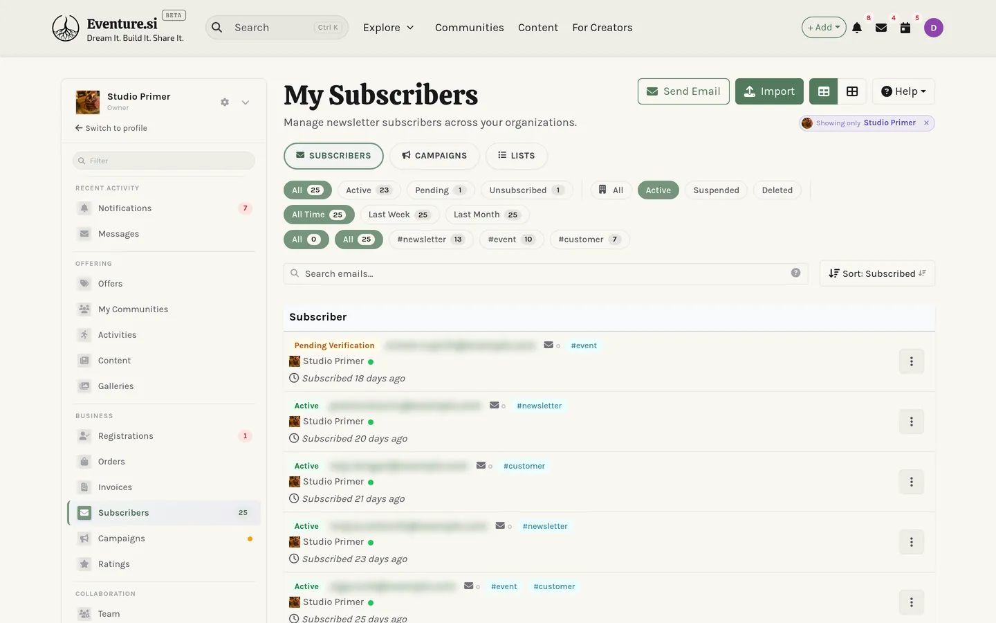 My Subscribers: the verified list with its source tags.