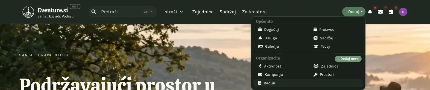 Otvoren izbornik + Dodaj, koji pokazuje što trenutno možete stvoriti.